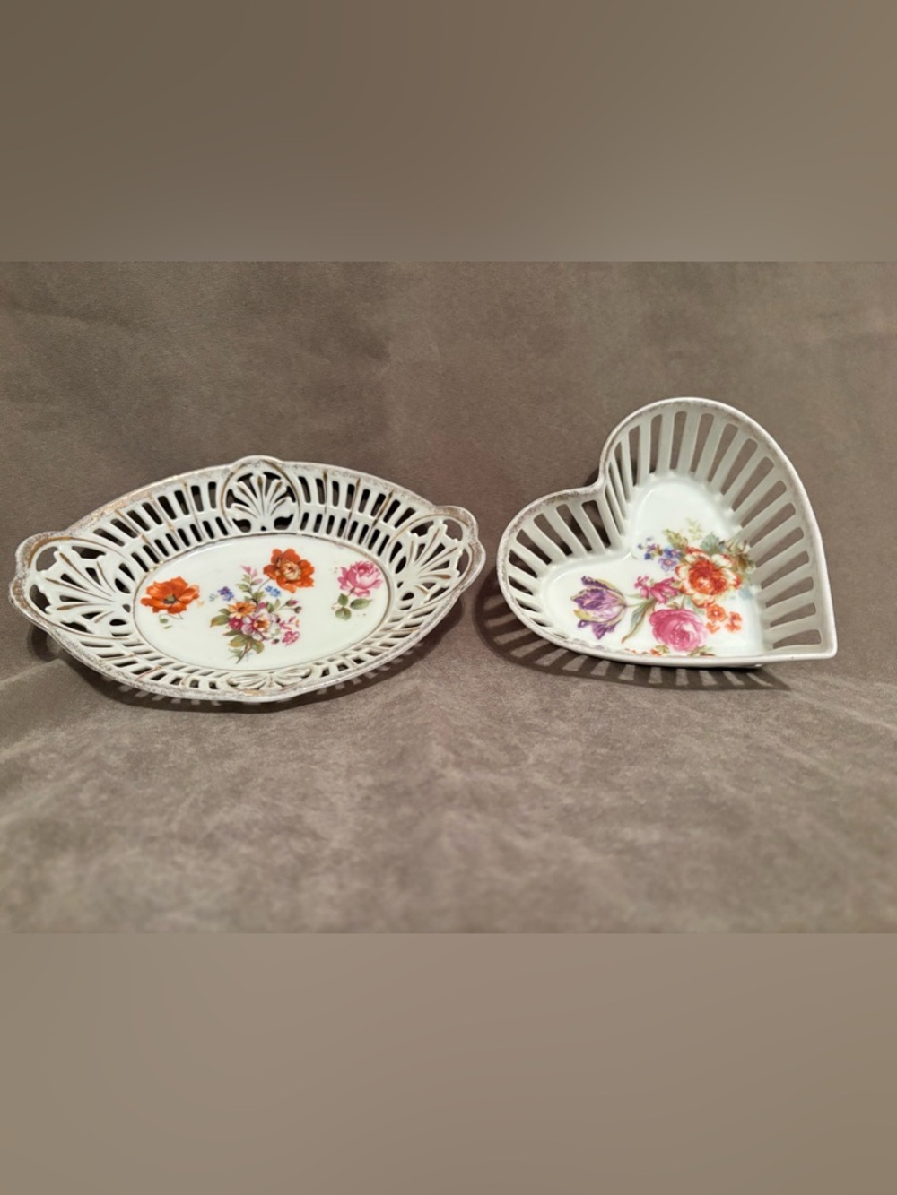 Vintage Bavarian Floral Porcelain Trinket Dishes - Heart & Oval
